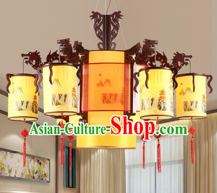 Chinese Handmade Wood Six-Lights Lantern Traditional Palace Hanging Ceiling Lamp Ancient Lanterns