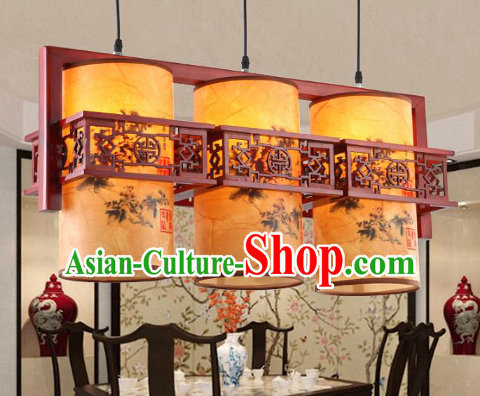 Chinese Handmade Three-Lights Hanging Lantern Traditional Palace Printing Parchment Ceiling Lamp Ancient Lanterns