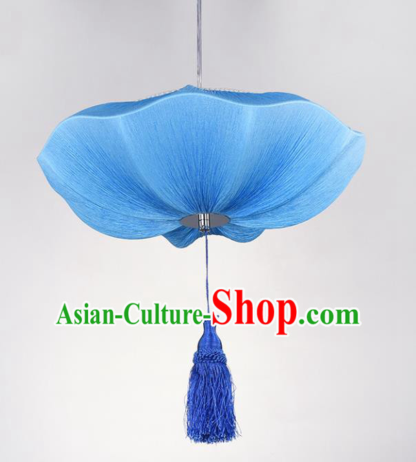 Chinese Classical Handmade Palace Lanterns Traditional Blue Lotus Hanging Lantern Ancient Ceiling Lamp