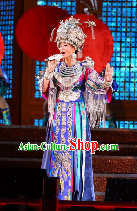 Traditional Chinese Miao Minority Nationality Folk Dance Costume and Headwear Complete Set for Women