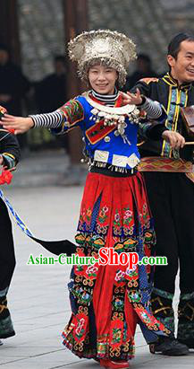 Traditional Miao Nationality Dance Clothing and Headwear Sliver Headpiece Hmong Minority Costumes and Hair Accessories