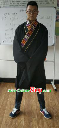 Traditional Chinese Zang Nationality Costume, Tibetan Ethnic Minority Kang-pa Black Tibetan Robe for Men