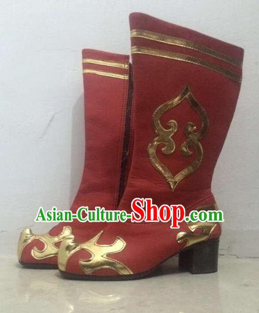 Traditional Chinese Zang Nationality Dance Shoes, Tibetan Ethnic Minority Red Boots for Women