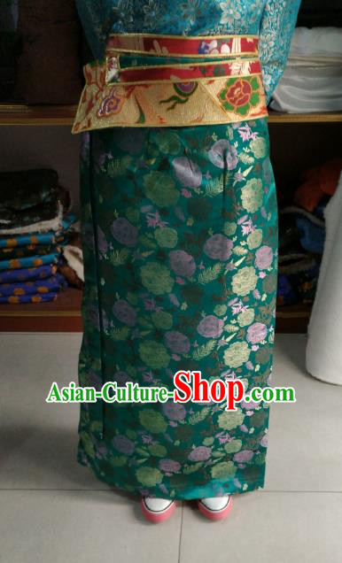 Chinese Tibetan Nationality Costume Green Skirt, Traditional Zang Ethnic Minority Clothing for Women