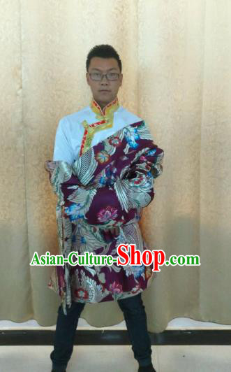 Traditional Chinese Zang Nationality Costume, Tibetan Ethnic Minority Purple Tibetan Robe for Men