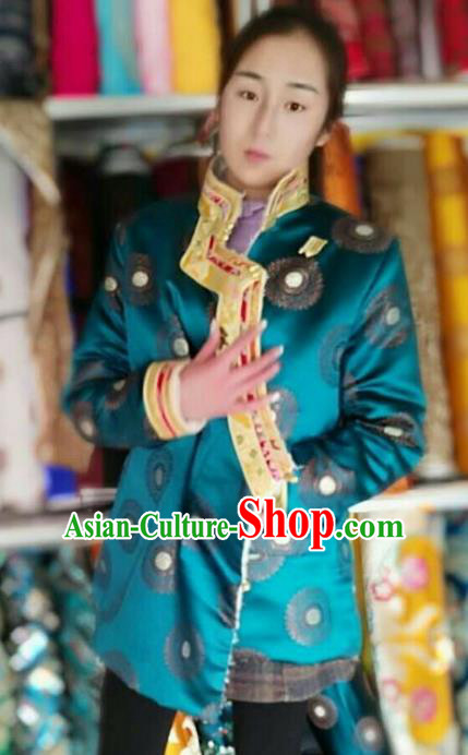 Traditional Chinese Tibetan Nationality Cotton-padded Jacket Costume, Zang Ethnic Minority Blue Coat for Women