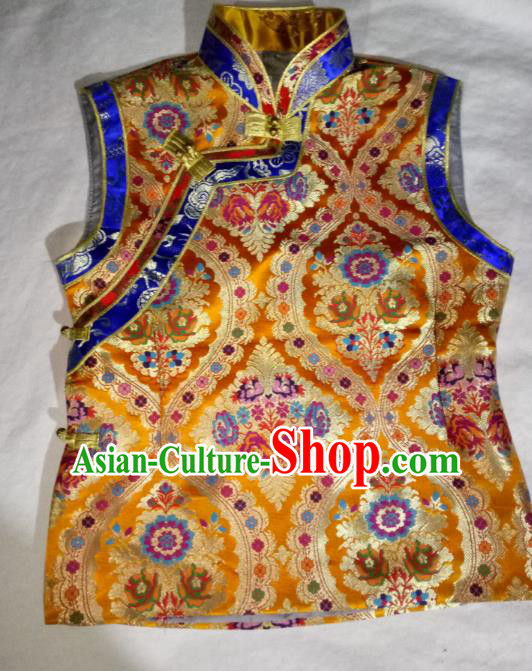 Chinese Tibetan Nationality Costume Golden Vest, Traditional Zang Ethnic Minority Waistcoat for Women