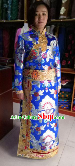 Chinese Tibetan Nationality Costume Royalblue Tibetan Robe, Traditional Zang Ethnic Minority Dress Clothing for Women