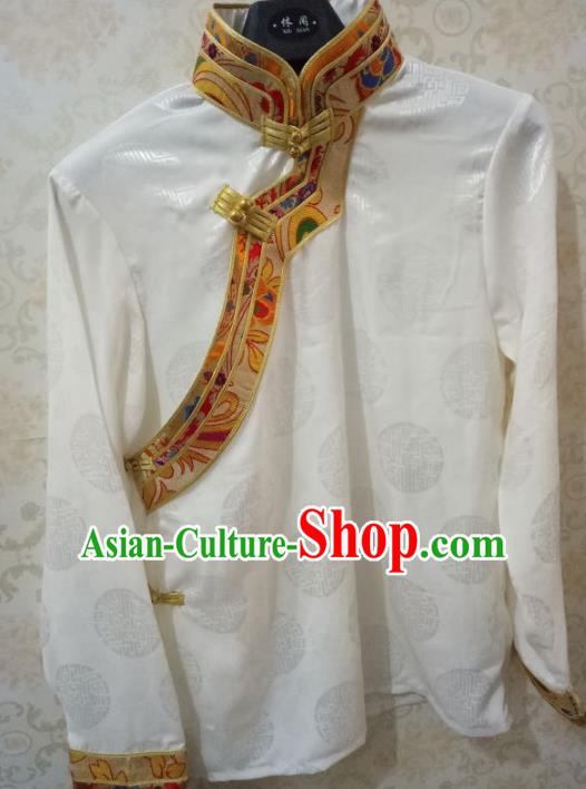 Traditional Chinese Zang Nationality Costume White Shirt, Tibetan Ethnic Minority Coat for Men