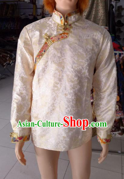 Traditional Chinese Zang Nationality Costume White Shirts, Tibetan Ethnic Minority Coat for Men