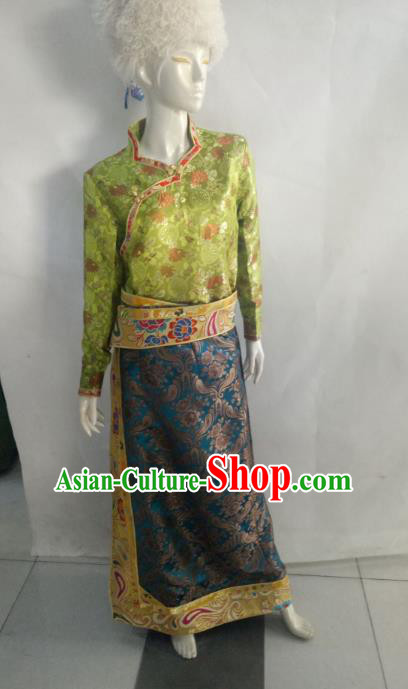 Chinese Tibetan Nationality Costume Green Dress, Traditional Zang Ethnic Minority Clothing for Women