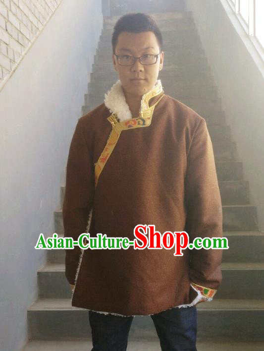 Traditional Chinese Zang Nationality Costume Brown Cotton-padded Jacket, Tibetan Ethnic Minority Shirt for Men