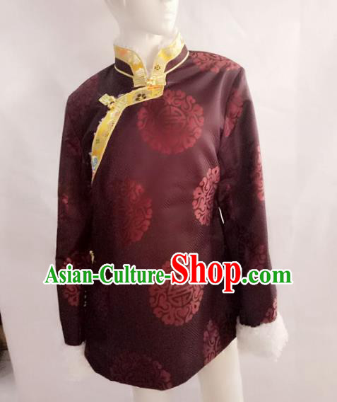 Chinese Tibetan Nationality Costume Purple Cotton-padded Jacket, Traditional Zang Ethnic Minority Clothing for Women