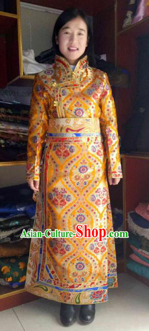 Chinese Tibetan Nationality Costume Golden Tibetan Robe, Traditional Zang Ethnic Minority Clothing for Women