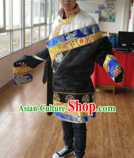 Traditional Chinese Zang Nationality Costume, Tibetan Ethnic Minority Black Tibetan Robe for Men