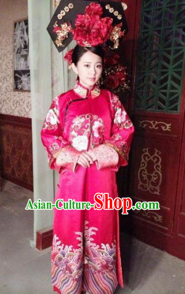 Chinese Qing Dynasty Manchu Last Empress Wanrong Embroidered Dress Replica Costumes for Women