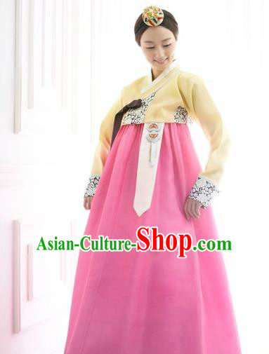 Korean Traditional Bride Hanbok Clothing Yellow Blouse and Pink Skirt Korean Fashion Apparel Costumes for Women