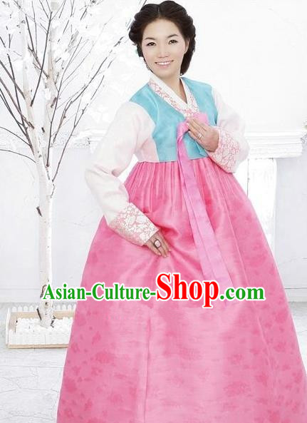 Korean Traditional Bride Hanbok Clothing Blue Blouse and Pink Skirt Korean Fashion Apparel Costumes for Women