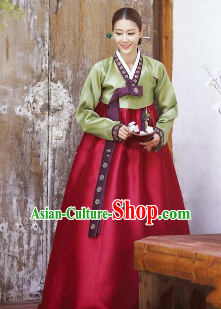 Korean Traditional Bride Hanbok Clothing Green Blouse and Wine Red Dress Korean Fashion Apparel Costumes for Women