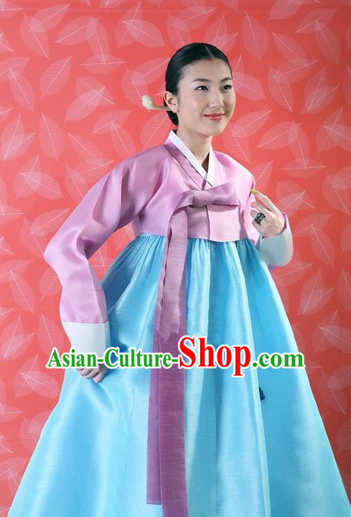 Korean Traditional Bride Palace Hanbok Clothing Pink Blouse and Blue Dress Korean Fashion Apparel Costumes for Women