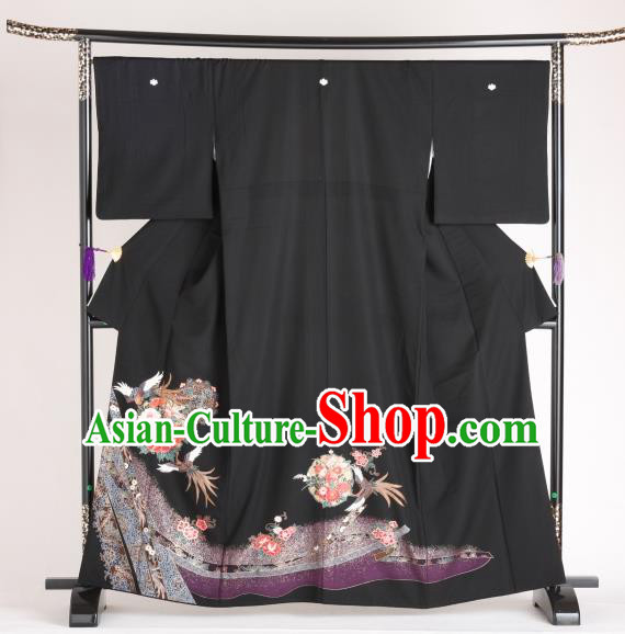 Japan Ancient Black Furisode Kimonos Traditional Female Printing Yukata Dress Formal Costume for Women