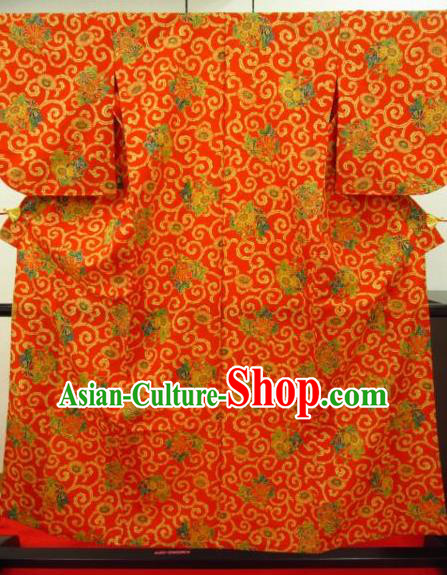 Japan Ancient Orange Furisode Kimonos Traditional Female Yukata Dress Formal Costume for Women