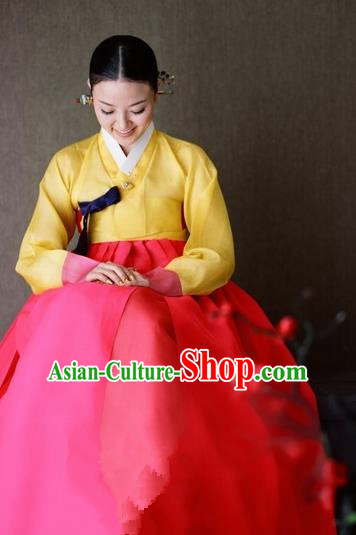 Korean Traditional Palace Clothing Hanbok Yellow Blouse and Red Dress Korea Fashion Apparel for Women