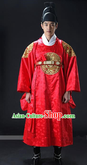 Asian Korean Traditional Palace Emperor Hanbok Clothing Ancient Korean King Red Robe Costume for Men