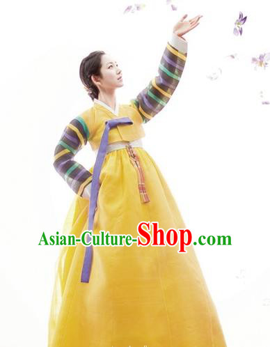 Korean Traditional Palace Clothing Hanbok Fashion Apparel Yellow Dress for Women