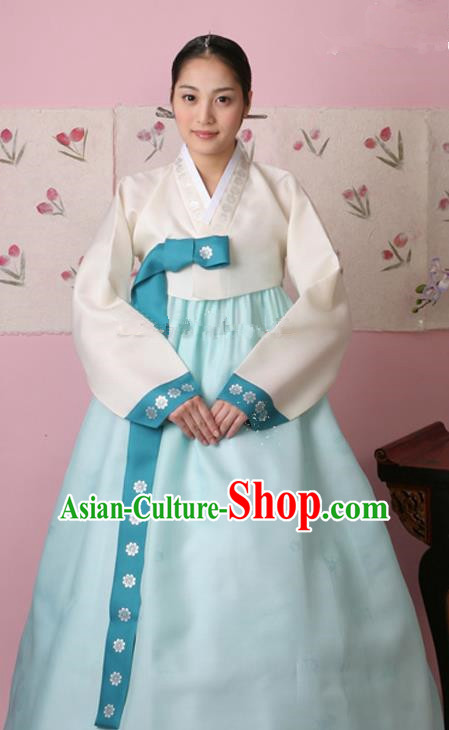 Korean Traditional Palace Clothing Hanbok Fashion Apparel White Blouse and Blue Dress for Women