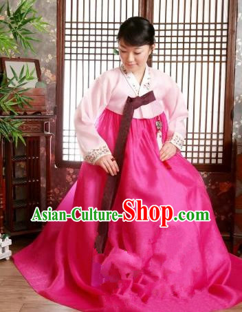 Korean Traditional Palace Garment Hanbok Fashion Apparel Costume Pink Blouse and Rosy Dress for Women