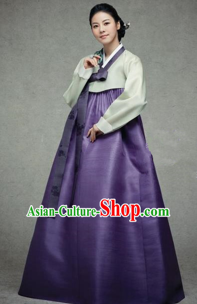 Korean Traditional Palace Garment Hanbok Fashion Apparel Costume Green Blouse and Purple Dress for Women
