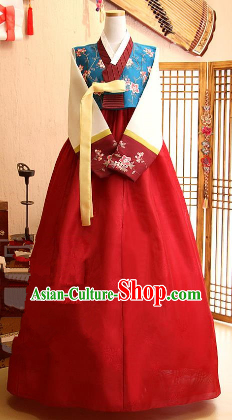 Korean Traditional Palace Garment Hanbok Fashion Apparel Costume Blue Blouse and Red Dress for Women