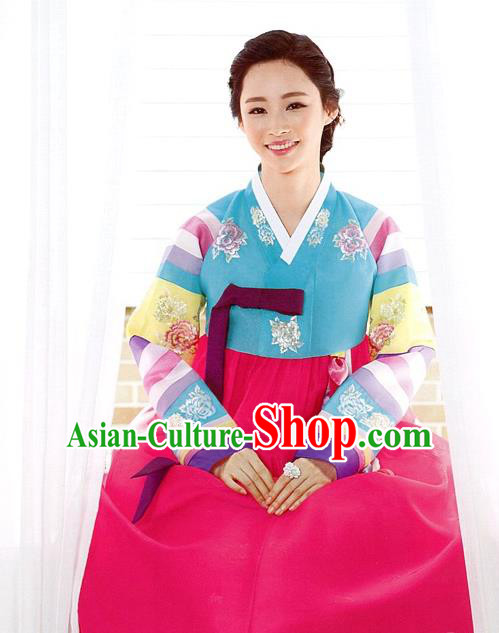 Korean Traditional Palace Garment Hanbok Fashion Apparel Costume Blue Embroidered Blouse and Pink Dress for Women