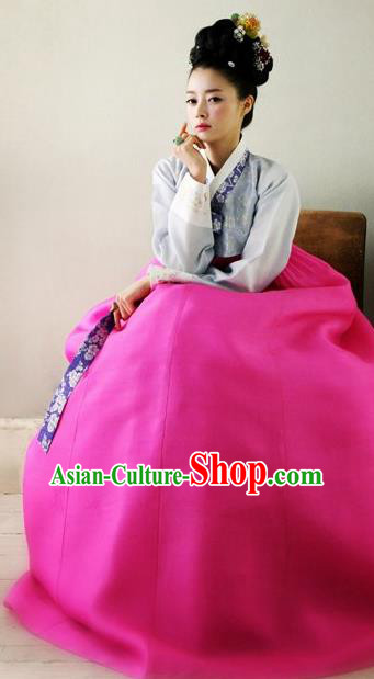 Korean Traditional Palace Garment Hanbok Fashion Apparel Costume Bride Grey Blouse and Rosy Dress for Women