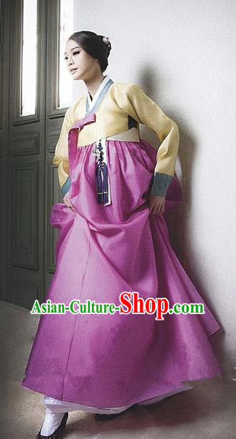 Korean Traditional Palace Garment Hanbok Fashion Apparel Costume Bride Yellow Blouse and Purple Dress for Women