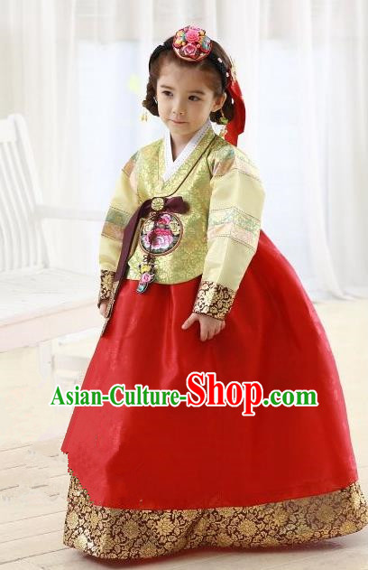 Korean Traditional Hanbok Korea Children Yellow Blouse and Red Dress Fashion Apparel Hanbok Costumes for Kids