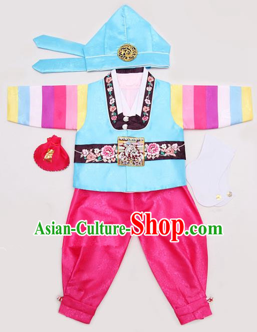 Korean Traditional Hanbok Clothing Korean Boys Hanbok Costumes Blue Shirt and Rosy Pants for Kids