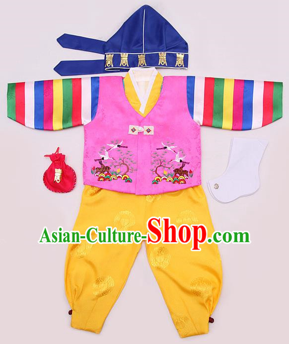 Korean Traditional Hanbok Clothing Korean Boys Hanbok Costumes Pink Shirt and Yellow Pants for Kids