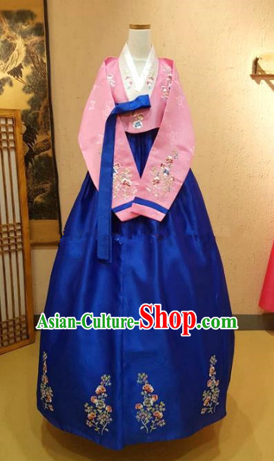 Korean Traditional Garment Palace Hanbok Pink Blouse and Royalblue Dress Fashion Apparel Bride Costumes for Women