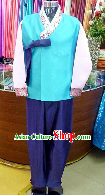 Asian Korean Traditional Hanbok Clothing Ancient Korean Blue Shirt and Royalblue Pants Costume for Men