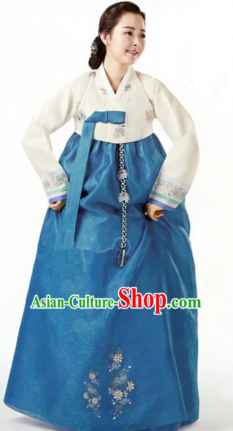 Korean Traditional Garment Palace Hanbok White Blouse and Blue Dress Fashion Apparel Bride Costumes for Women