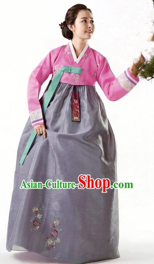 Korean Traditional Garment Palace Hanbok Pink Blouse and Grey Dress Fashion Apparel Bride Costumes for Women