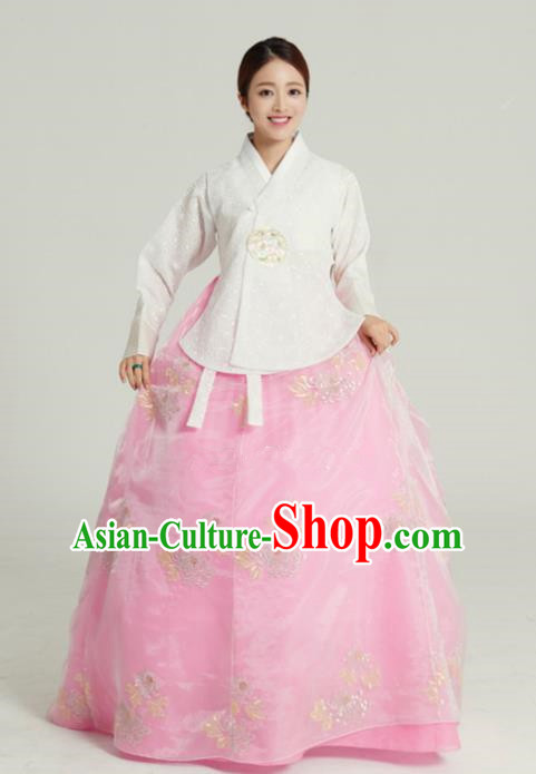 Korean Traditional Garment Palace Hanbok White Blouse and Pink Dress Fashion Apparel Bride Costumes for Women