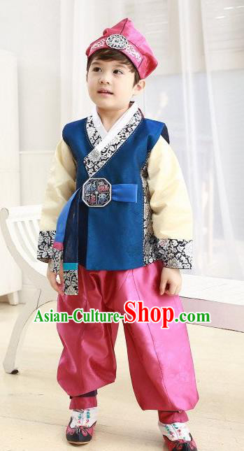 Korean Traditional Hanbok Clothing Korean Boys Hanbok Costumes Blue Shirt and Pink Pants for Kids