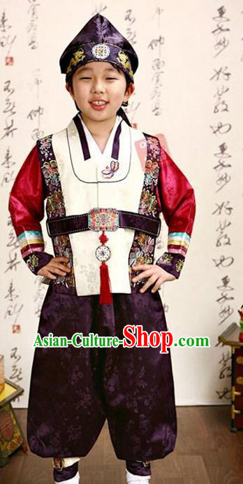 Korean Traditional Hanbok Clothing Korean Boys Hanbok Costumes White Shirt and Purple Pants for Kids