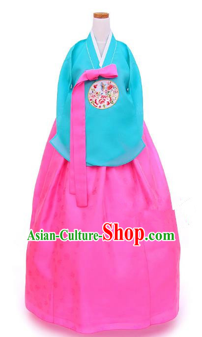 Korean Traditional Handmade Palace Hanbok Blue Blouse and Pink Dress Fashion Apparel Bride Costumes for Women