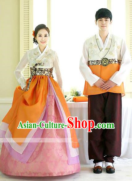 Asian Korean Traditional Palace Orange Hanbok Clothing Ancient Korean Bride and Bridegroom Costumes Complete Set