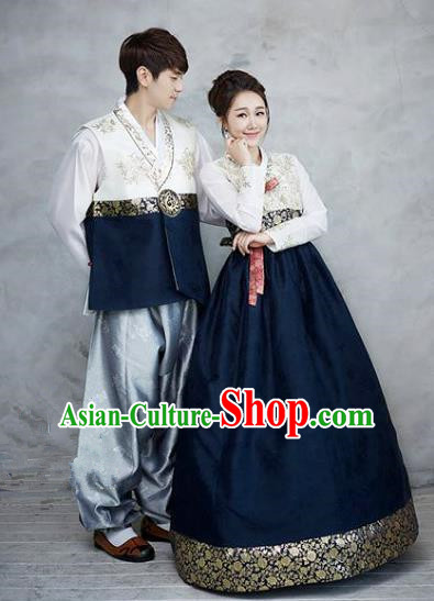 Asian Korean Traditional Palace Navy Hanbok Clothing Ancient Korean Bride and Bridegroom Costumes Complete Set