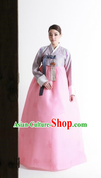 Korean Traditional Handmade Palace Hanbok Lilac Blouse and Pink Dress Fashion Apparel Bride Costumes for Women